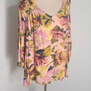Terra & Sky Pink, Navy & Yellow Floral Blouse, Size 2X